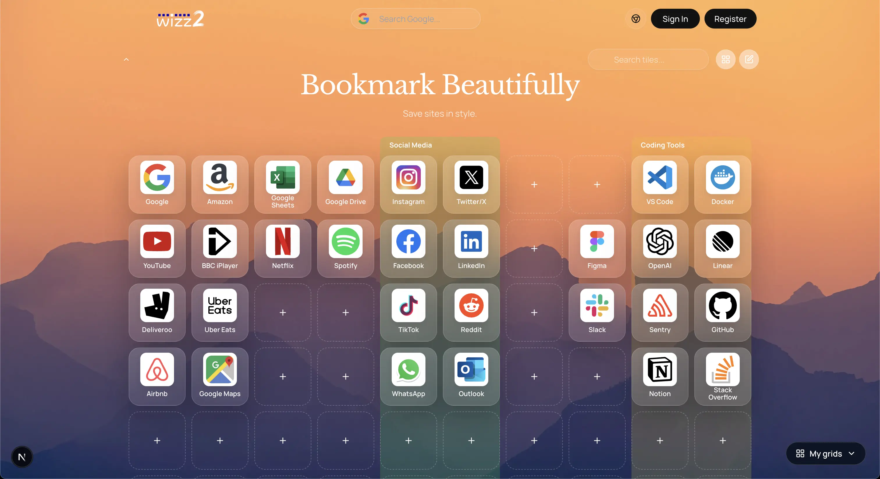 A Wizz2 visual grid of saved links